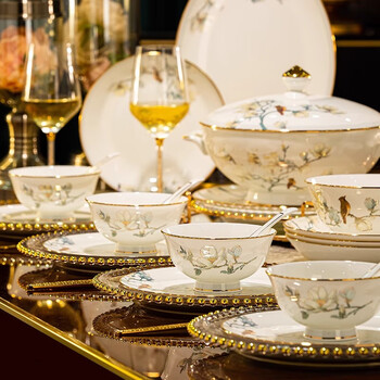 Yixi high-end tableware complete set of bowls and plates for home jingdezhen bone china chinese underglaze color dishes and spoons light luxury wedding gift suitable for microwave oven | leather suitcase | 60-piece set