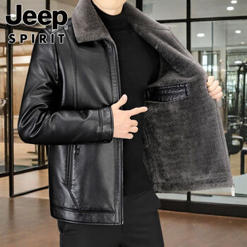 Jeep leather jacket men's lapel plus velvet thickening to protect against cold and warm for middle-aged and elderly people autumn and winter short men's leather jacket winter coat black plus velvet thickening fur integrated m recommended 90-110 pounds
