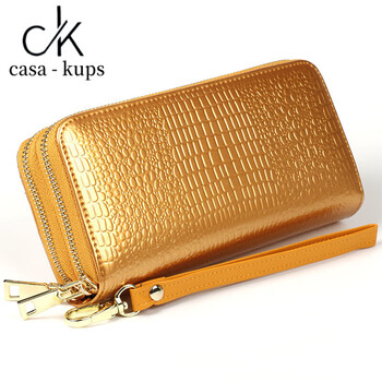 Casa-kups2025 genuine leather double zipper wallet women's long large capacity clutch double layer wallet bright leather coin purse simple gold crocodile pattern
