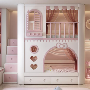 Funager bunk bed and upper bed children's bed all solid wood girl boy princess bed castle tree house bed with the same width as the upper and lower beds + bookshelf + double drawer + ladder cabinet + 2 mattresses 1.55*2 meters (the same width as the upper and lower)