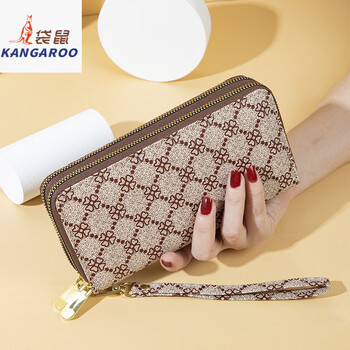 Kangaroo wallet women's long double zipper multi-function large capacity 2025 new style printed temperament wrist card holder mobile phone bag brown four-leaf clover