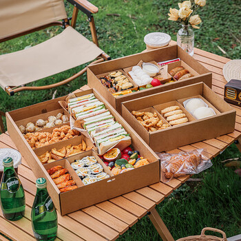 Meidi picnic disposable packaging box kraft paper with lid spring outing camping outdoor sushi barbecue meat supplies packaging packaging box