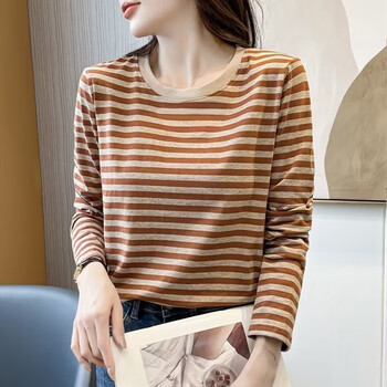 Pure cotton long-sleeved t-shirt for women, spring and autumn striped bottoming shirt with stylish round neck loose and versatile casual top for women 16358 coffee special offer non-pure cotton xl recommendation 110-125