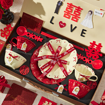 Wedding gift tableware set for the newlyweds, practical items for best friends, bride and groom, engagement dowry, high-end tableware, mixed-color bowls, cups and plates for two, diy gift box (quick next day delivery) 10-piece set