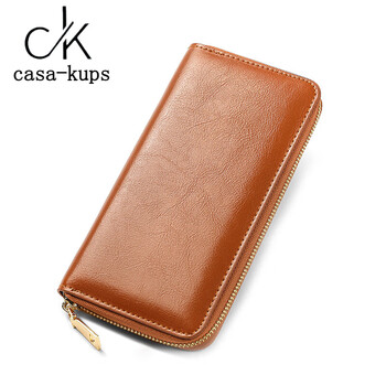 Casa-kups new women's oil-waxed cowhide long wallet student genuine leather long clip clutch bag for men light brown cowhide