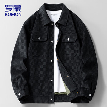 Romon coat men's autumn and winter work jacket men's lapel plaid men's warm tops black xl