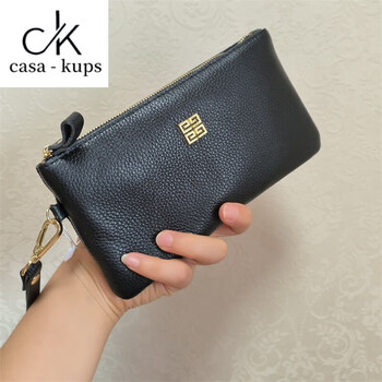 Casa-kupsck first-layer cowhide clutch women's bag 2025 new coin purse long fashion temperament soft leather small handbag black