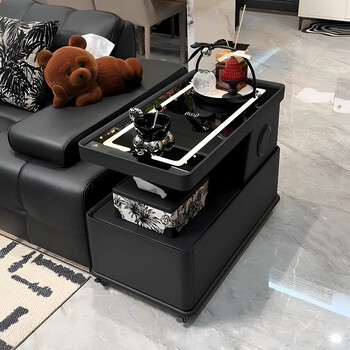 Huangyi 2025 new italian minimalist sofa side cabinet movable side table coffee table modern simple light luxurious living room trolley black-smart wireless charging + bluetooth speaker + usb free installation width 40cm* depth 80cm* height 57cm