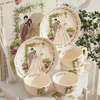 Garson is a gift for the newlyweds when they are engaged and married. a gift for the newlyweds, a high-end practical gift for the bride, best friends and sisters. bowls, plates and tableware sets. destined for this life. 8-piece set. 2 bowls, 2 plates, 2 cups and 2 chopsticks.