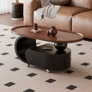 Zhai xiaodiao chinese antique style movable small coffee shop for living room small apartment sofa side table oval solid wood storage trolley black base + black walnut tray tabletop 100*50*45