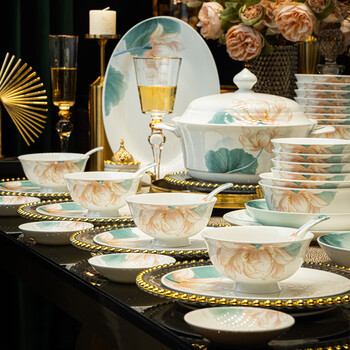 Kangqin new household bowl and dish set chinese style high-value ceramic tableware set bowl and plate moving to new home in hehua gift box