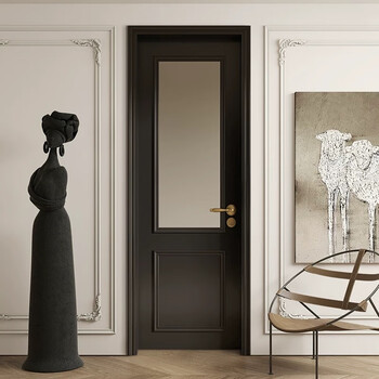 Customized french retro black painted door, indoor room swing door, high-end bedroom single-open wooden door, black
