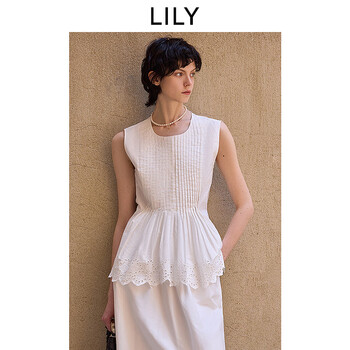 Lily2025 new summer style french elegant temperament tucker pleated hollow lace casual sleeveless round neck pullover for women 601 white s