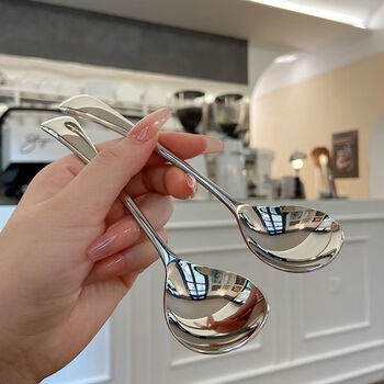 316 stainless steel round spoon bright long handle thickened household spoon spoon eating spoon exquisite round head western food spoon 316 export tail goods-no. 3 round spoon 1 piece