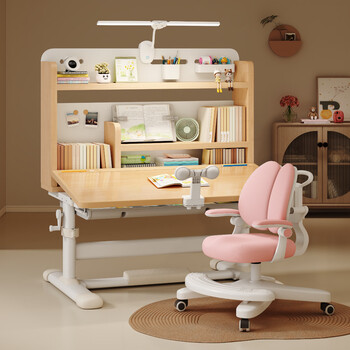 Yitong children's study table, primary school student desk, liftable table and chair set, table, household liftable student desk, high wood bookshelf + high-end engineering chair + national a lamp powder