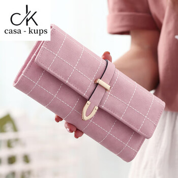Casa-kupsck korean style fashion solid color versatile large capacity long women's wallet folding forest student wallet multiple card slots pink