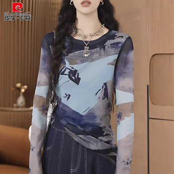 Pierre cardin ink printed slim mesh bottoming shirt for women summer new tie-dyed slim long-sleeved t-shirt thin sun protection top blue top (double-layered opaque) 2xl 130-140 catties
