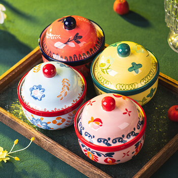 Pastoral secret stew pot household ceramic crock pot water-proof stew pot with lid retro one-person steamed egg special bowl set of four (red + blue + yellow + pink)