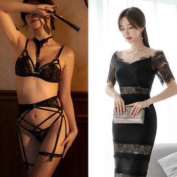 Victoria palace sexy lace lingerie, halter neck, mesh, black t-panties, garter belt, wire-free breathable bra set, bra + thong + garters l /80abc