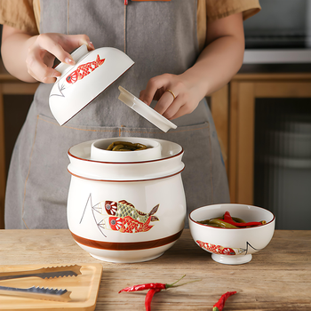 Dingdan chinese-style pickle jar ceramic underglaze color thickened household 2025 new sealed lidded large pickle jar 3000ml pickle jar-carp