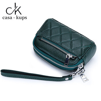 Casa-kupsck genuine leather women's mini bag coin purse cowhide large capacity three zipper multifunctional fashion coin bag dark green