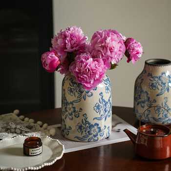 Fan ye's new chinese retro vase, high-end ceramic living room flower arrangement, hydroponic peony rose ornaments, blue and white porcelain flower ware
