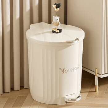 Bailu foot-operated trash can for home use 2025 new style living room kitchen toilet bathroom high-looking light luxury bedroom with cover round foot-operated cream white 10l