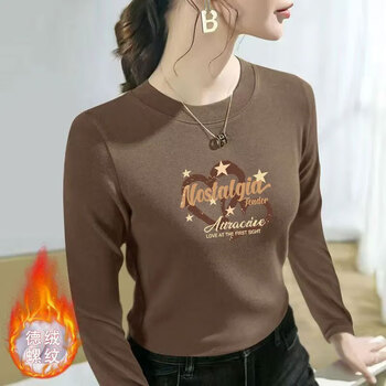 Nyintuiyide velvet bottoming shirt for women in autumn and winter 2025 new round neck warm long-sleeved t-shirt slim fit versatile inner top light brown nostalgia xl recommended 110-125 pounds