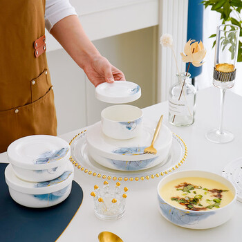 Pinjude light luxury bone china bowl with lid for preservation, steamed egg bowl, household water-proof stew bowl, ceramic microwave instant noodle bowl, lunch box, soup bowl, lanyan 4-inch preservation bowl with lid