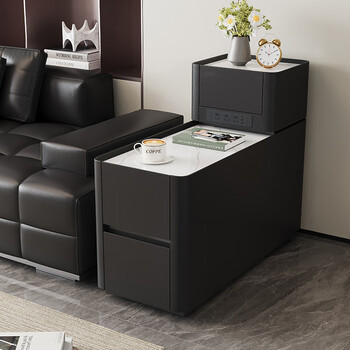 Sofa side cabinet living room 2025 new small apartment corner cabinet with wheels, coffee table next to it, movable side table black/side cabinet + top cabinet (with socket) 40*80cm (length*width)