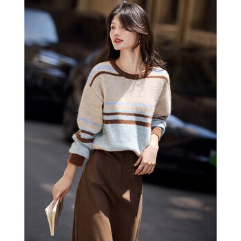 Shangjing suit skirt women's 25th autumn new women's wear gentle intelligent style striped color block sweater simple solid color skirt suit