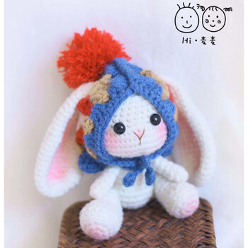 Hand-knitted doll plaid big-eared lop-eared rabbit grandmother crochet diy material rabbit cute pendant hand-knitted blue scarf style material package + free tool video tutorial