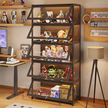 Wawj figure jewelry display cabinet with lock transparent display display shelf small narrow model toy blind box storage locker three sides transparent with lock black 5 layers 80 long