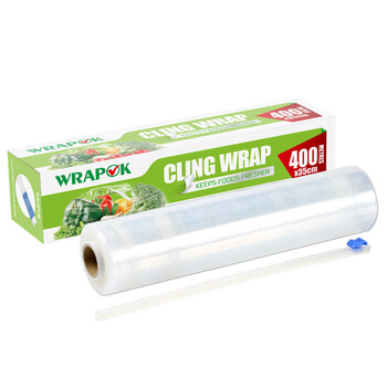 Baoxian disposable kitchen food grade large roll household commercial high temperature resistant microwaveable pe cling film with scribe knife 35cm*400m sliding knife for fish plate