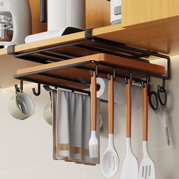 Kunfeng kitchen rack hanging under cabinet hanging rack wall cabinet paper towel rack pot lid rack chopping board storage rack no punching black single layer standard style thickened and reinforced