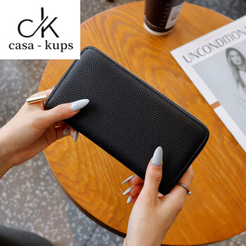 Casa-kupsck chinese valentine's day cowhide clutch bag women's fashion multifunctional leather wallet large capacity can hold mobile phone zipper money black