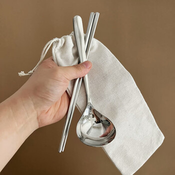 Complete new product 304 stainless steel chopsticks and spoon set cloth bag japanese style single take-out storage student portable tableware 304 portable spoon and chopsticks + cloth bag original color