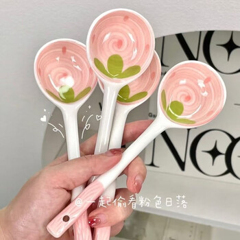 Spoon ceramic internet celebrity ceramic spoon ins high-looking strawberry spoon long handle spoon household spoon rice spoon girl pink strawberry spoon 5 pieces