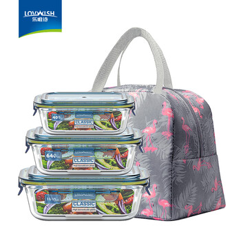 Lovwish high boron glass fresh-keeping lunch box, microwaveable, special lunch box grid, fresh-keeping and heat preservation partitioned refrigerator, integrated cover set, large, medium and small, with bag