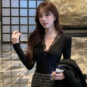 Mrs. yuan spring and autumn new pure lust hot girl lace short long sleeve t-shirt women's slim fit design bottoming top black s