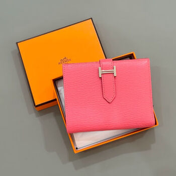 Second-hand 95 new hermes (hermes) bear short wallet lipstick pink goatskin silver buckle a engraved