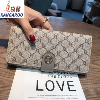 Kangaroo (kangaroo) temperament and good looks long mobile phone wallet all-in-one bag women's genuine pickup bag wallet two-in-one women's high-end sense 069 apricot color 10 card gift