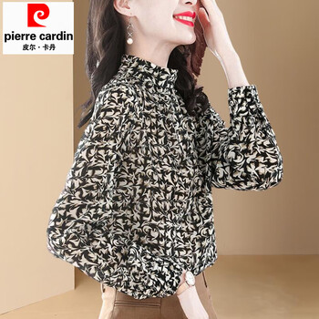 Pierre cardin spring 2025 new spring autumn bottoming top shirt chiffon women's shirt spring and autumn floral high neck color counter western style 2xl