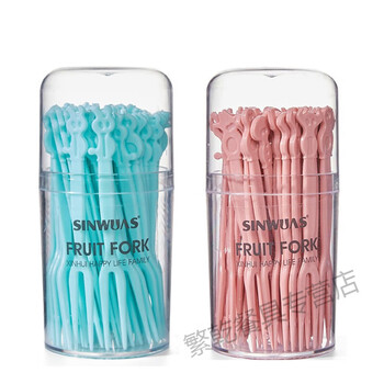 Chuanye fruit fork set fruit picks disposable plastic two-tine household fruit cake dessert fork dessert small fork blue + pink 100 count boxed
