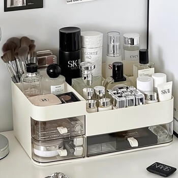 Shiguangli cosmetic storage box desktop organization dust-proof countertop skin care storage cabinet storage rack drawer large capacity cosmetic box storage box off-white 33.5*20.5*14cm