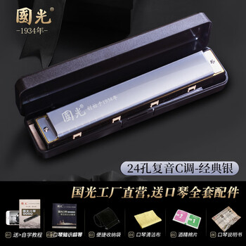 Guoguang harmonica professional performance level 28-hole accented german imported gongs 24-hole polyphonic c key beginners entry lettering 24-hole polyphonic silver + learning materials with phonetic symbols