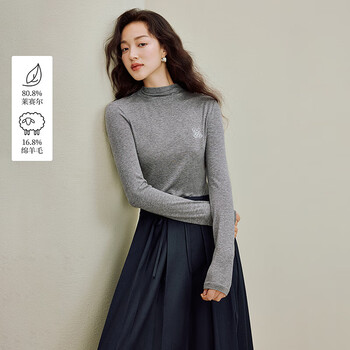 Inman wool stand collar t-shirt 2025 autumn women's new layer wear slim long sleeve bottoming shirt floral gray m