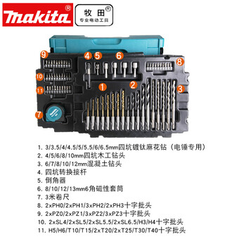 Makita 18-piece hybrid drill bit set d-46202 woodworking twist drill 66-piece set 65-piece electric drill drilling masonry 65-piece drill bit set