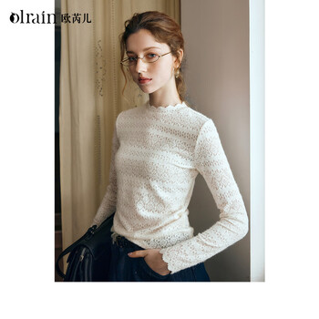 Olrain ou ruier small turtleneck pullover lace shirt long-sleeved bottoming shirt women's autumn and winter slim temperament inner top apricot l
