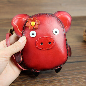 Goyn handmade genuine leather driver's license coin pouch twelve zodiac cartoon animal coin purse hand-held card holder key case cute watermelon red_pig
